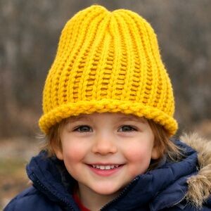 Handmade Child Knit Gold Hat Beanie Yellow Stretchy Winter Boy Outdoors Gift